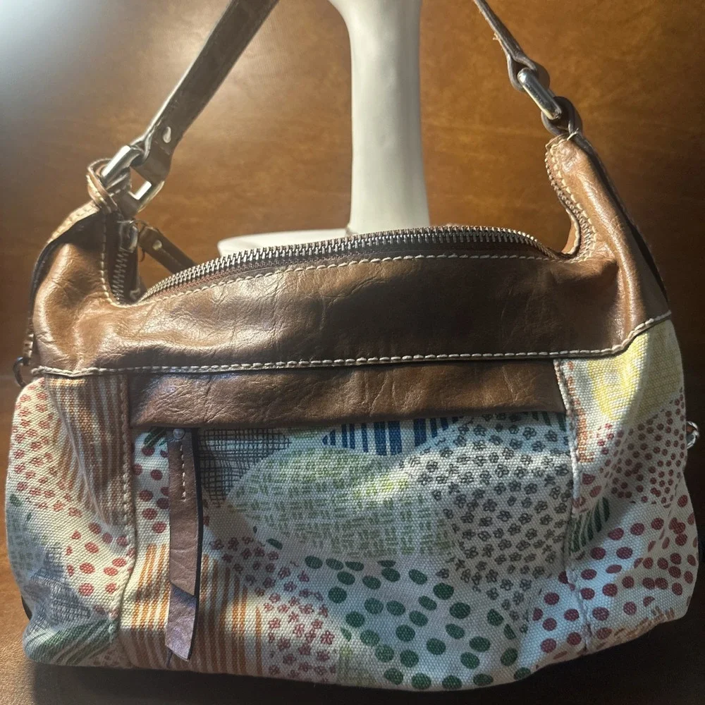 Vintage Fossil Leather Multi-Colored Patchwork Shoulder Bag Satchel Y2K